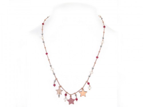collana in argento con perle d'acqua dolce, zirconi e pietre naturali e pendenti a forma di stella